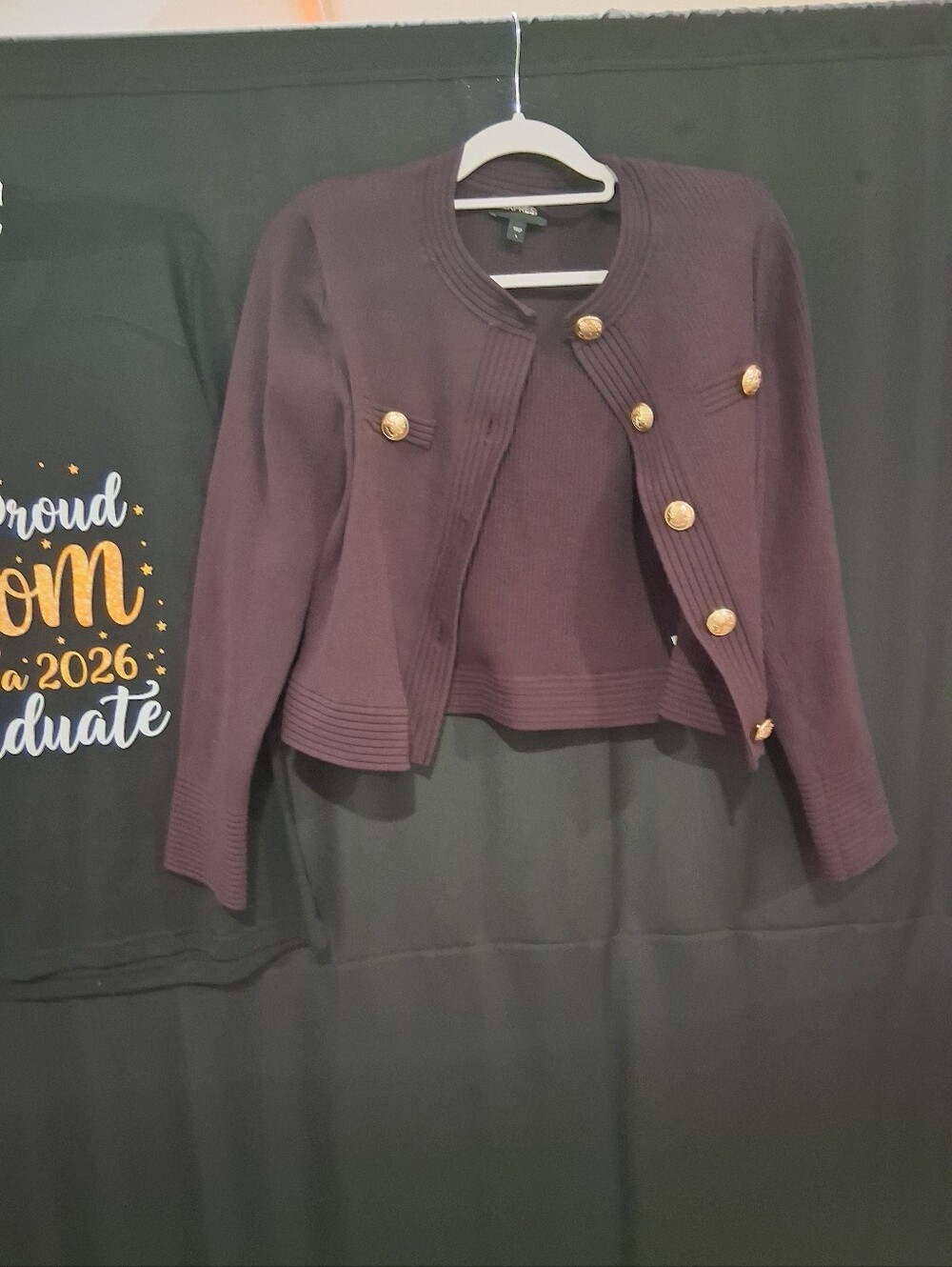 Express Dark Brown Ribbed Cardigan with Gold Buttons - Picture 2 of 4